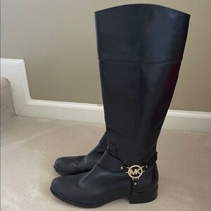 Michael Kors Black Fulton Knee High Riding Boots with Gold Emblem and Zipper 10